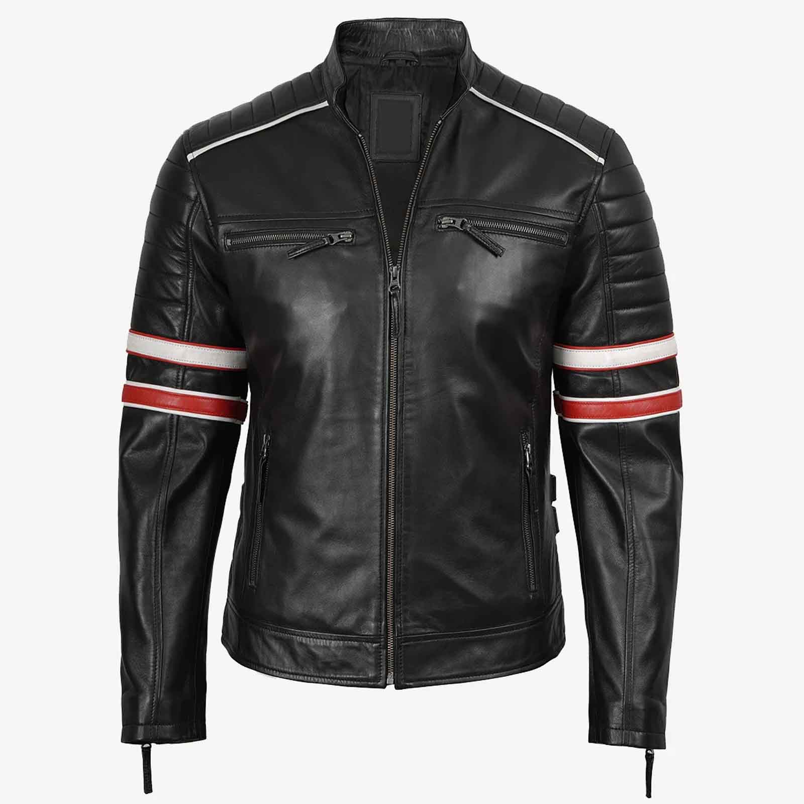 Biker Casual Fit Men’s Black Cafe Racer Leather Jacket with Dual Stripes