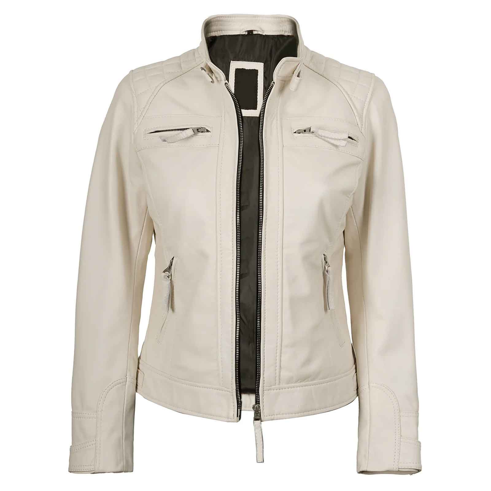 Women’s Off White Quilted Cafe Racer Leather Jacket – Johnson Real Lambskin Biker Coat
