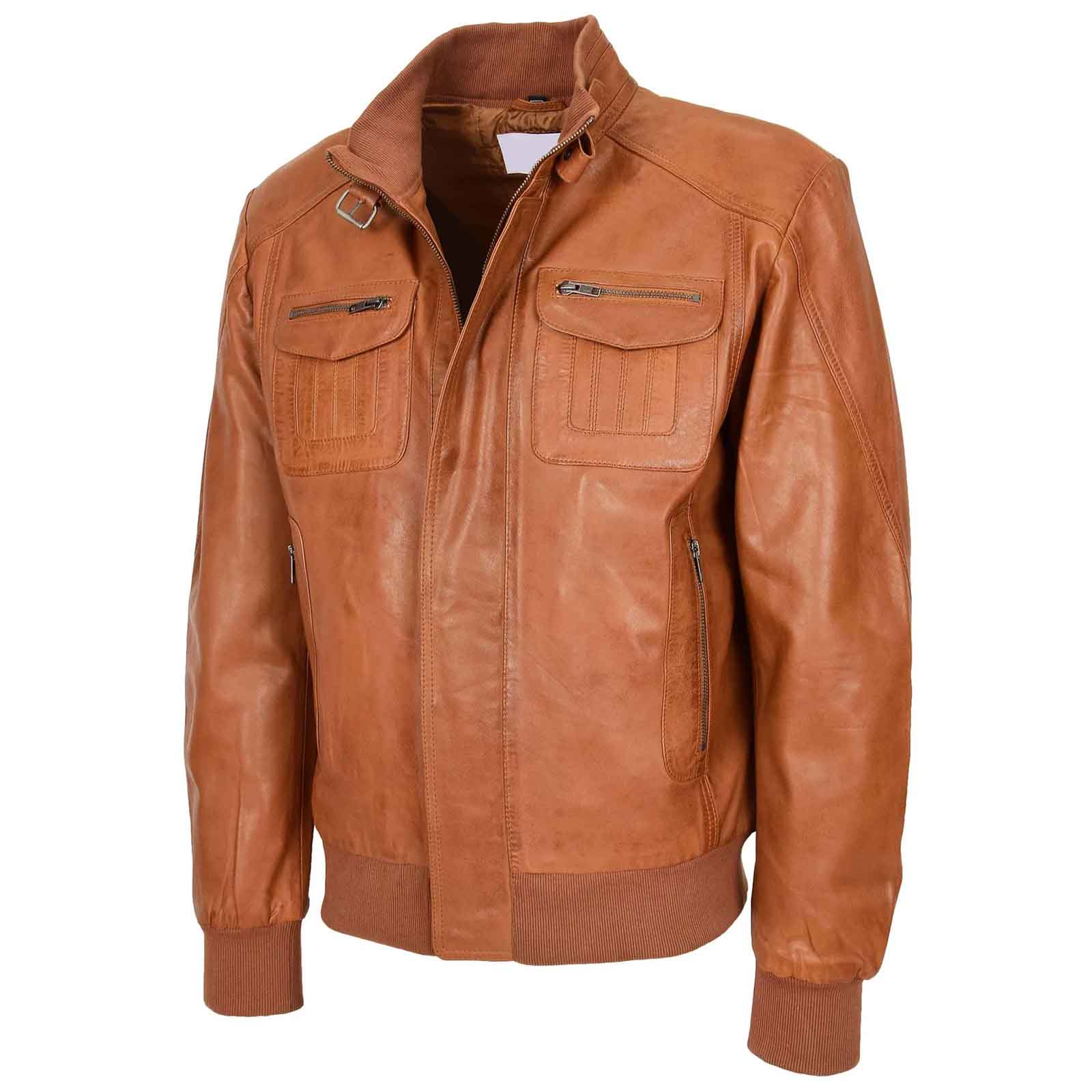 Men’s Leather Bomber Flight Jacket – Tom Tan Classic Aviator Style