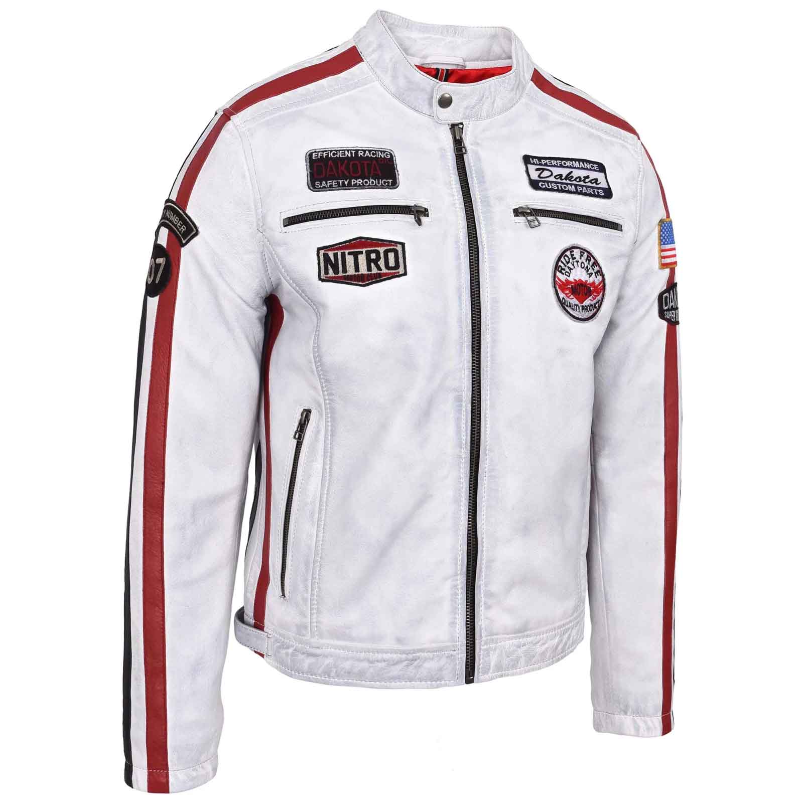 Men’s Real Leather Biker Jacket – Bobby Vintage White Racing Jacket with Motorsport Patches