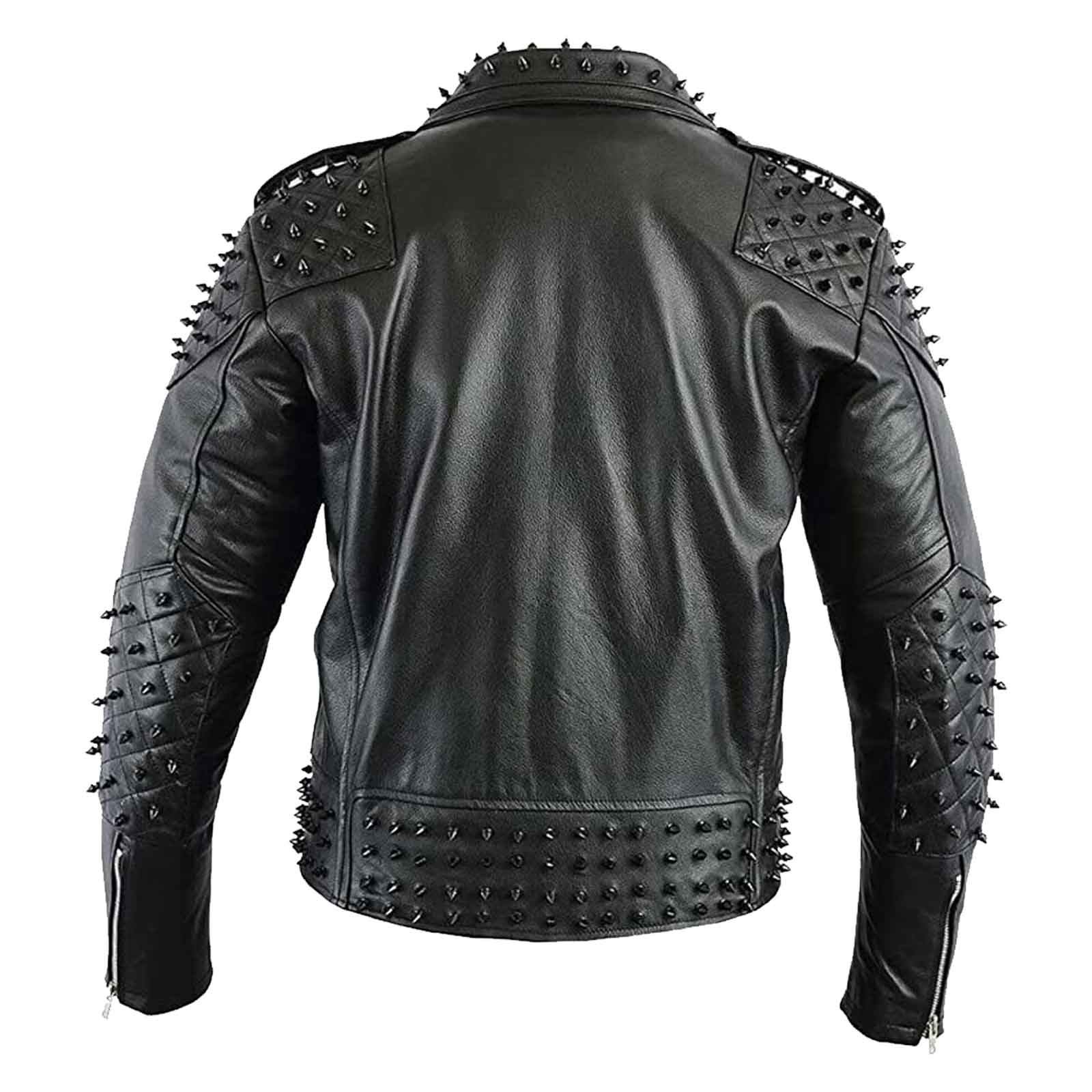Black Metal Studded Full Sleeve Multipocketed Original Leather Jacket