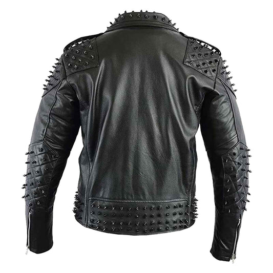 Black Metal Studded Full Sleeve Multipocketed Original Leather Jacket