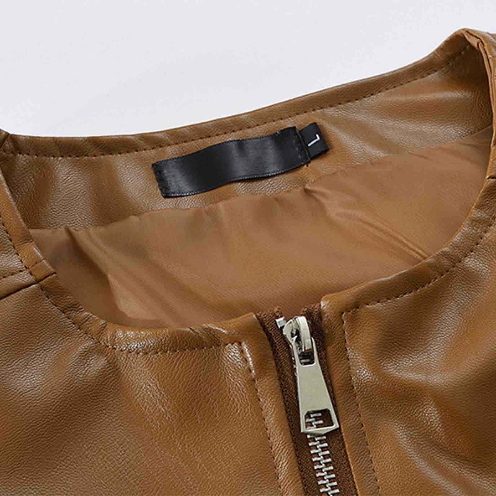 Mens Faux Leather Suit Vest Full Zipper Vintage Slim Fit Waistcoat Vest with Pockets Crewneck Motorcycle Vest Outfits Brown