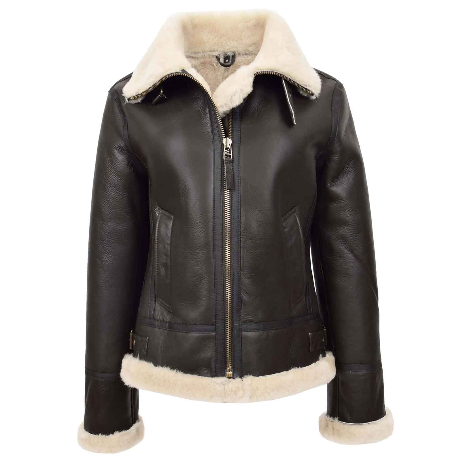 Regals Leather Naomi Women’s Sheepskin B3 Jacket Brown White Removable Hood