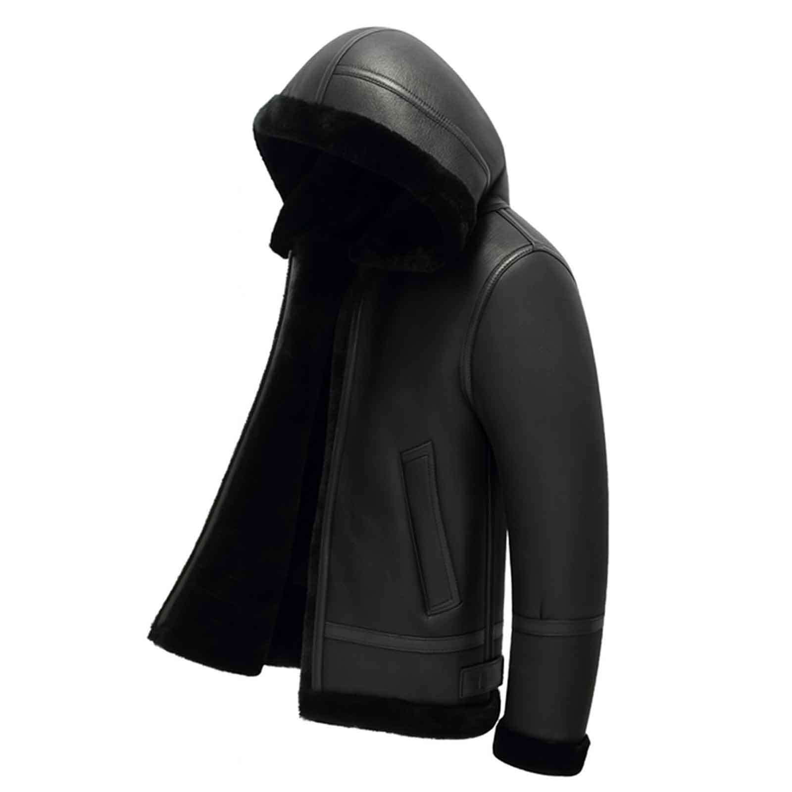 Regals Leather Men’s Black Hooded B3 Leather Bomber Jacket Aviator Flight Jacket