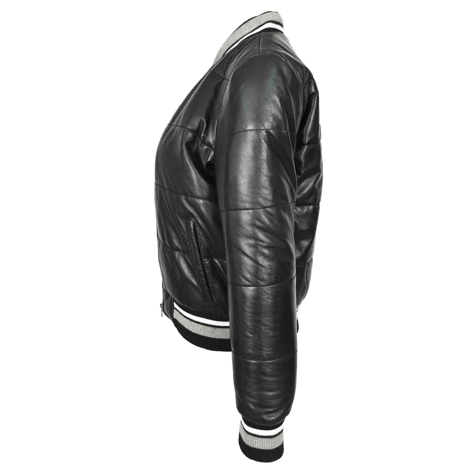 Regals Leather Premium Durability Women's Real Leather Puffer Bomber Jacket Dolly Black