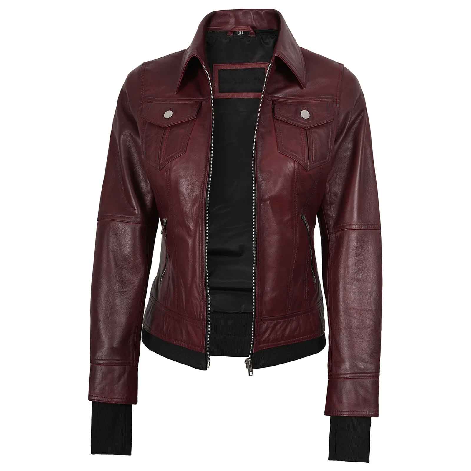 Lightweight Real Leather Women's Bomber Burgundy Jacket with Hood | Regals Leather