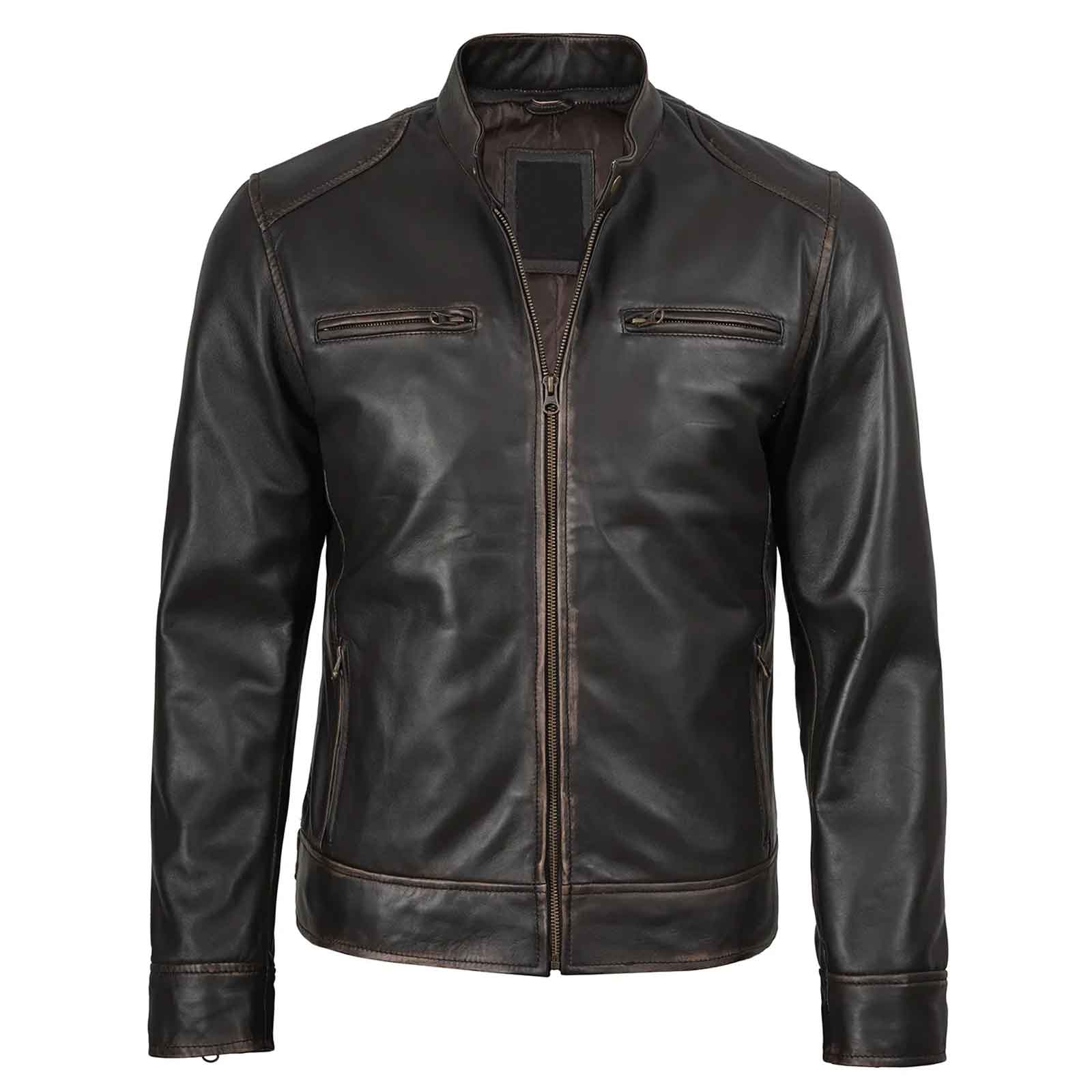 Rub-Off Dark Brown Men’s Leather Biker Jacket – Slim Fit Cafe Racer Classic