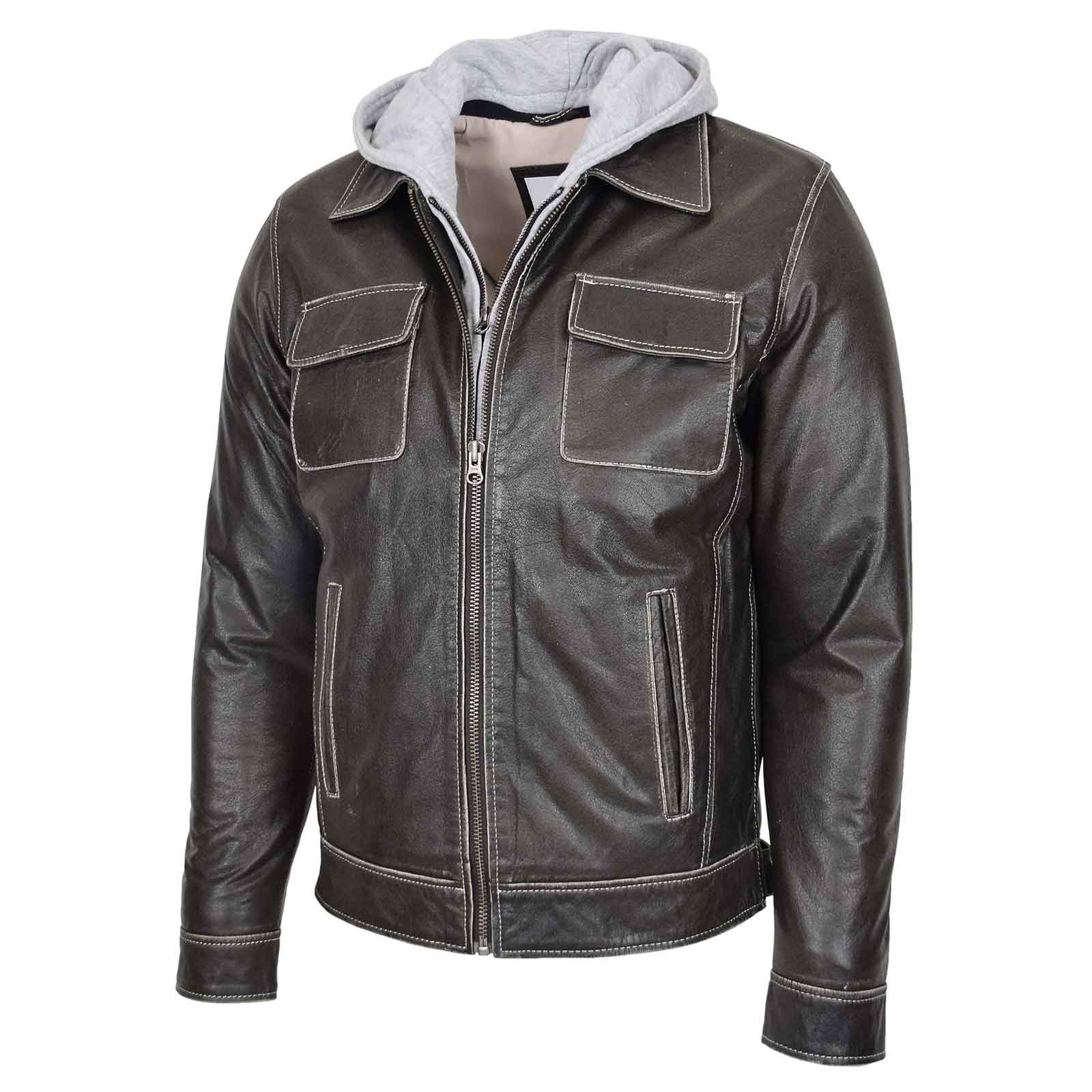 Men’s Leather Work Jacket Cypher Grey with Removable Hoodie | Regals Leather