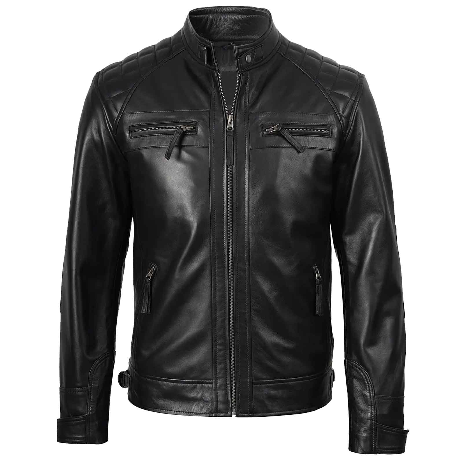 Johnson Men's Quilted Vintage Biker Style Black Genuine Leather Jacket