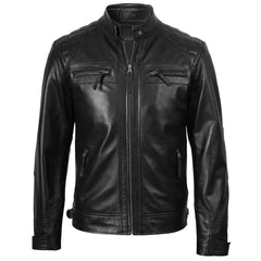 Johnson Men's Quilted Vintage Biker Style Black Genuine Leather Jacket