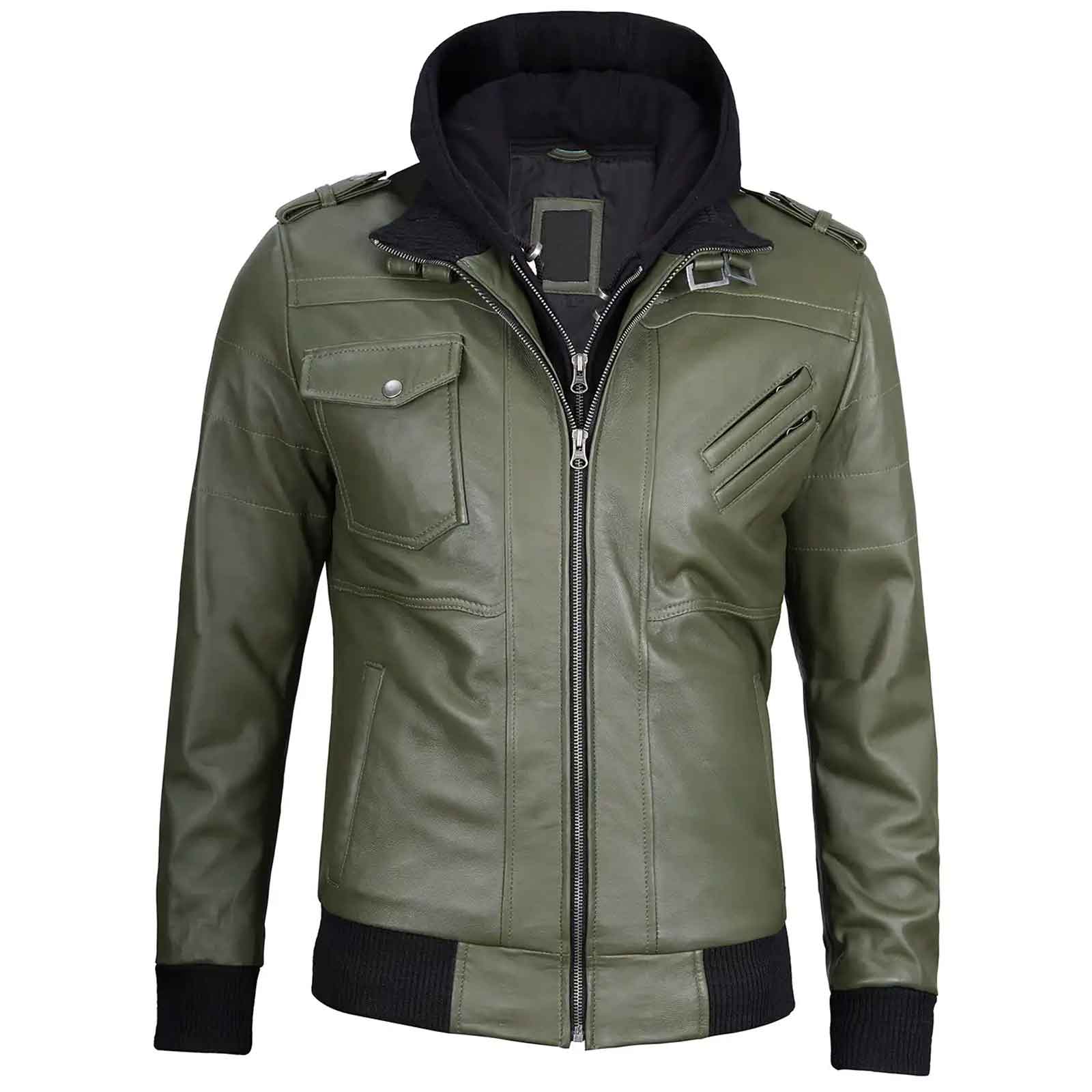 Vintage Handcrafted Men's Military Green Leather Jacket with Removable Hood