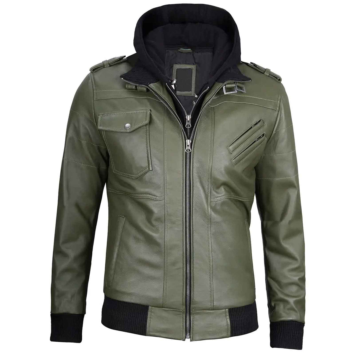 Vintage Handcrafted Men's Military Green Leather Jacket with Removable Hood
