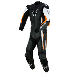 MZONE Imola Leather Bike Suit 2PC – High-Performance Professional Riding Suit in Black/White/Orange for Riders