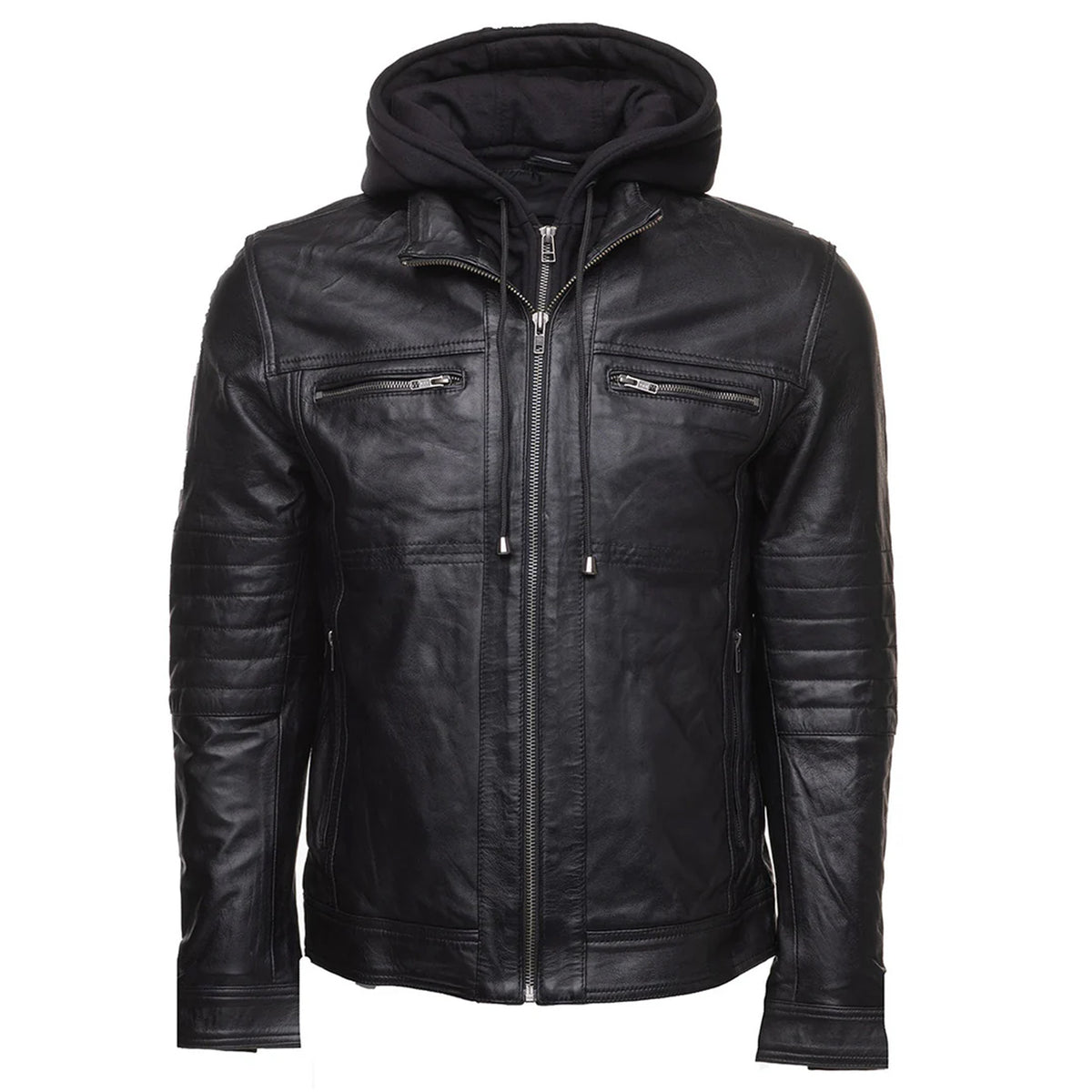 High Quality Men's Black Leather Jacket With Removable Hoodie