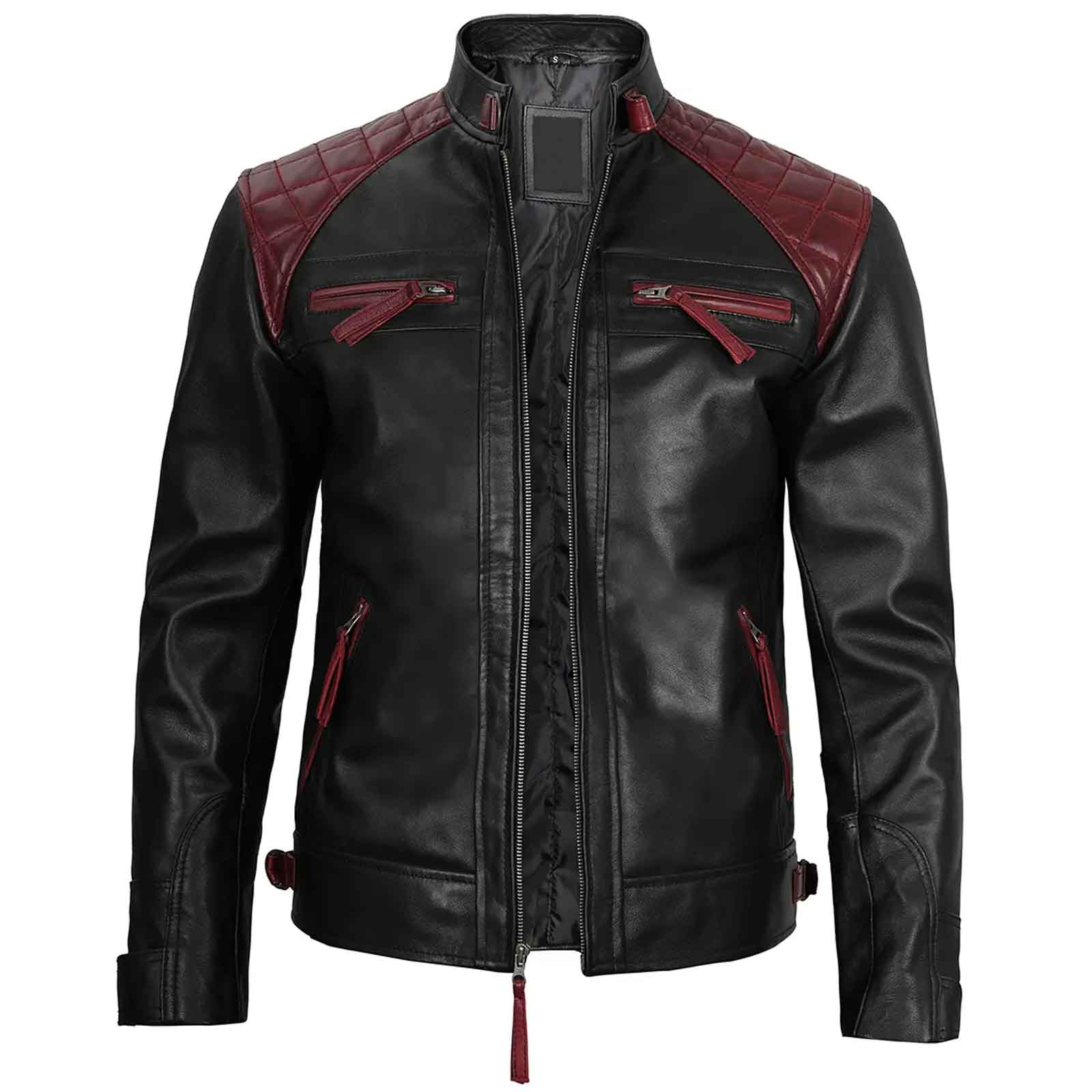 Rollins Men's Black and Burgundy Genuine Lambskin Quilted Biker Style Leather Jacket