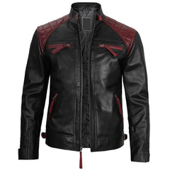 Rollins Men's Black and Burgundy Genuine Lambskin Quilted Biker Style Leather Jacket
