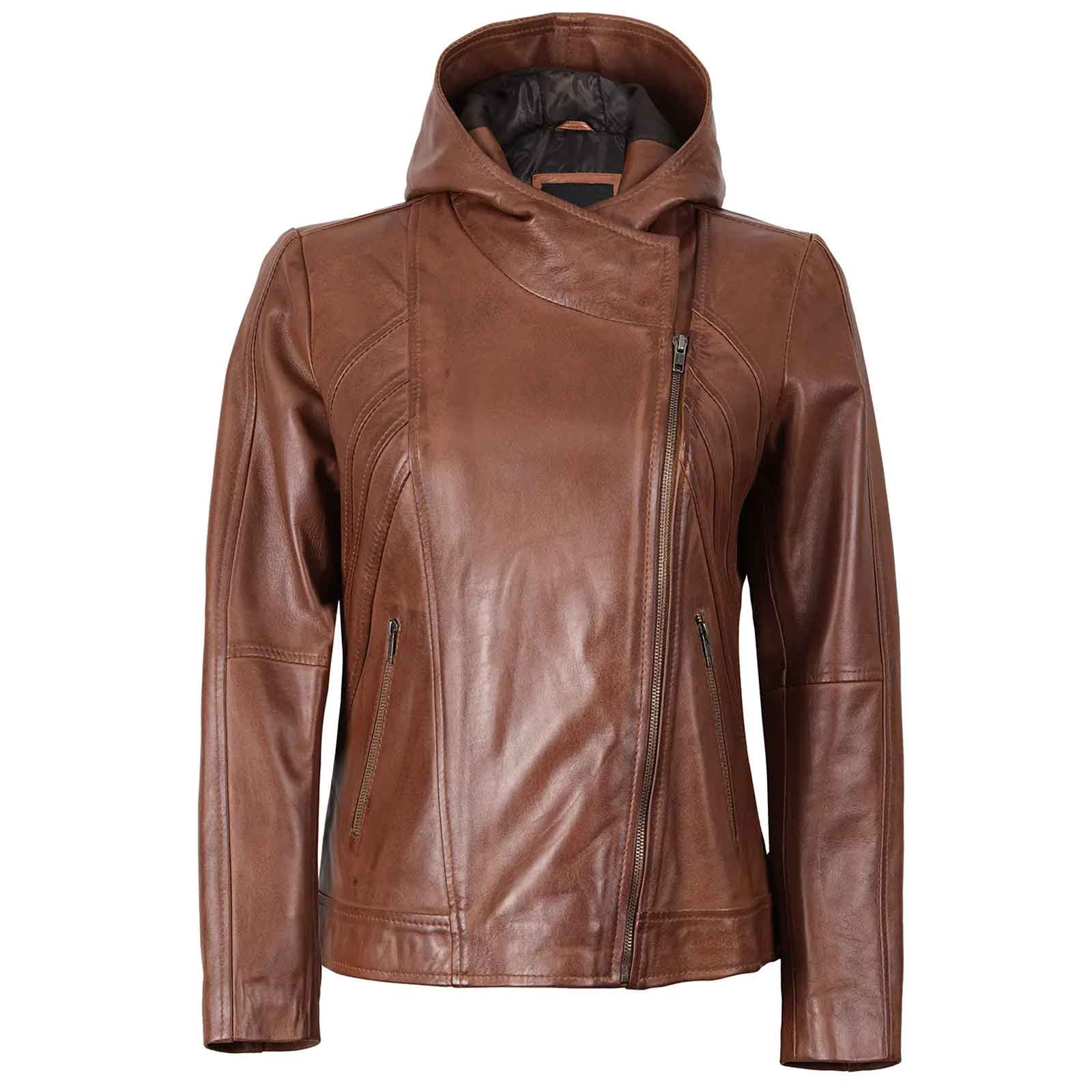 Regals Leather Cidra Women Asymmetrical Brown Hooded Genuine Leather Jacket
