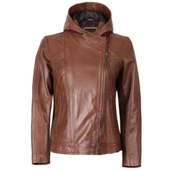 Regals Leather Cidra Women Asymmetrical Brown Hooded Genuine Leather Jacket