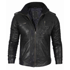 Regals Leather Men's Black Waxed Cafe Racer Style Lambskin Leather Jacket