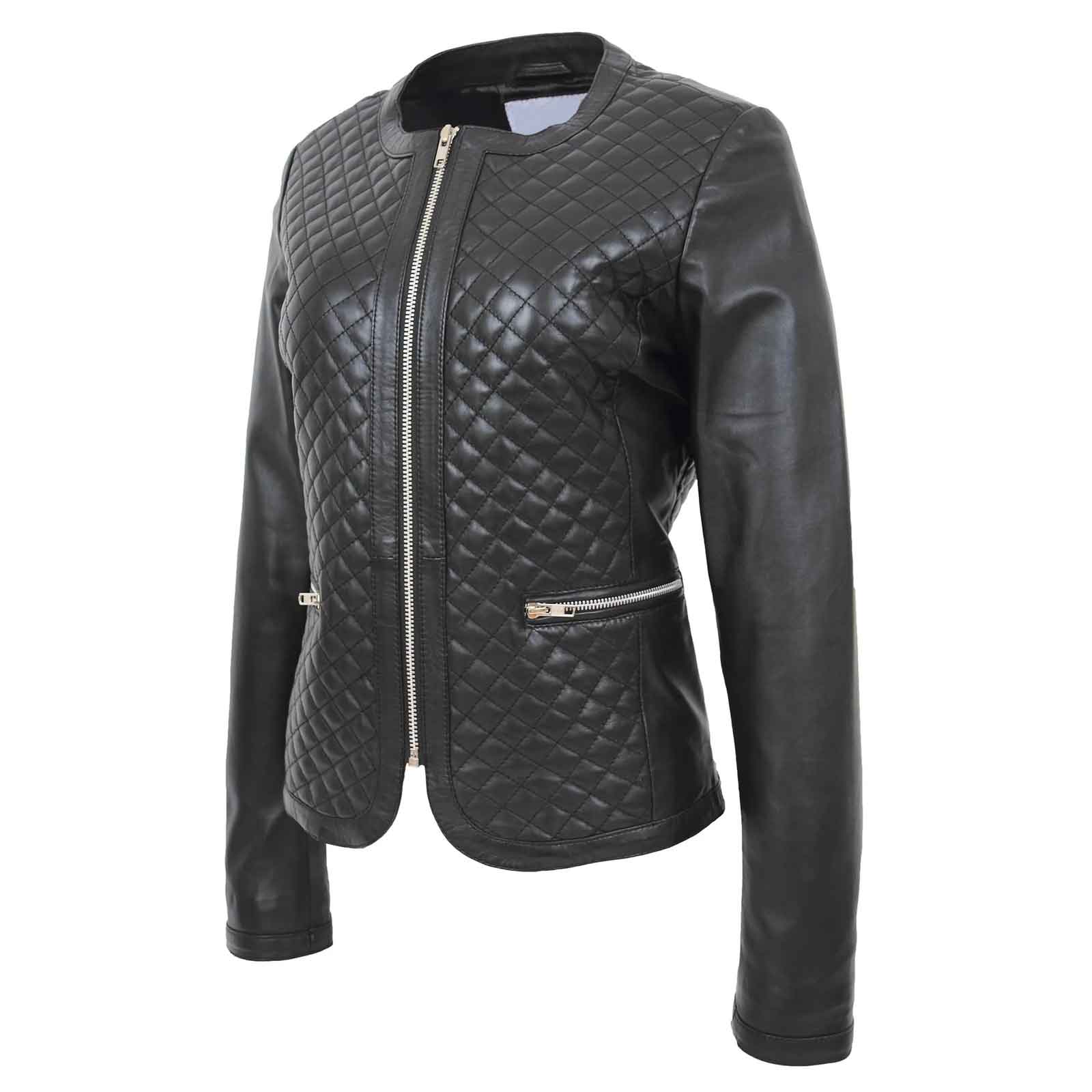 Fashion Women's Leather Collarless Jacket With Quilt Design Joan Black