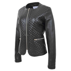 Fashion Women's Leather Collarless Jacket With Quilt Design Joan Black