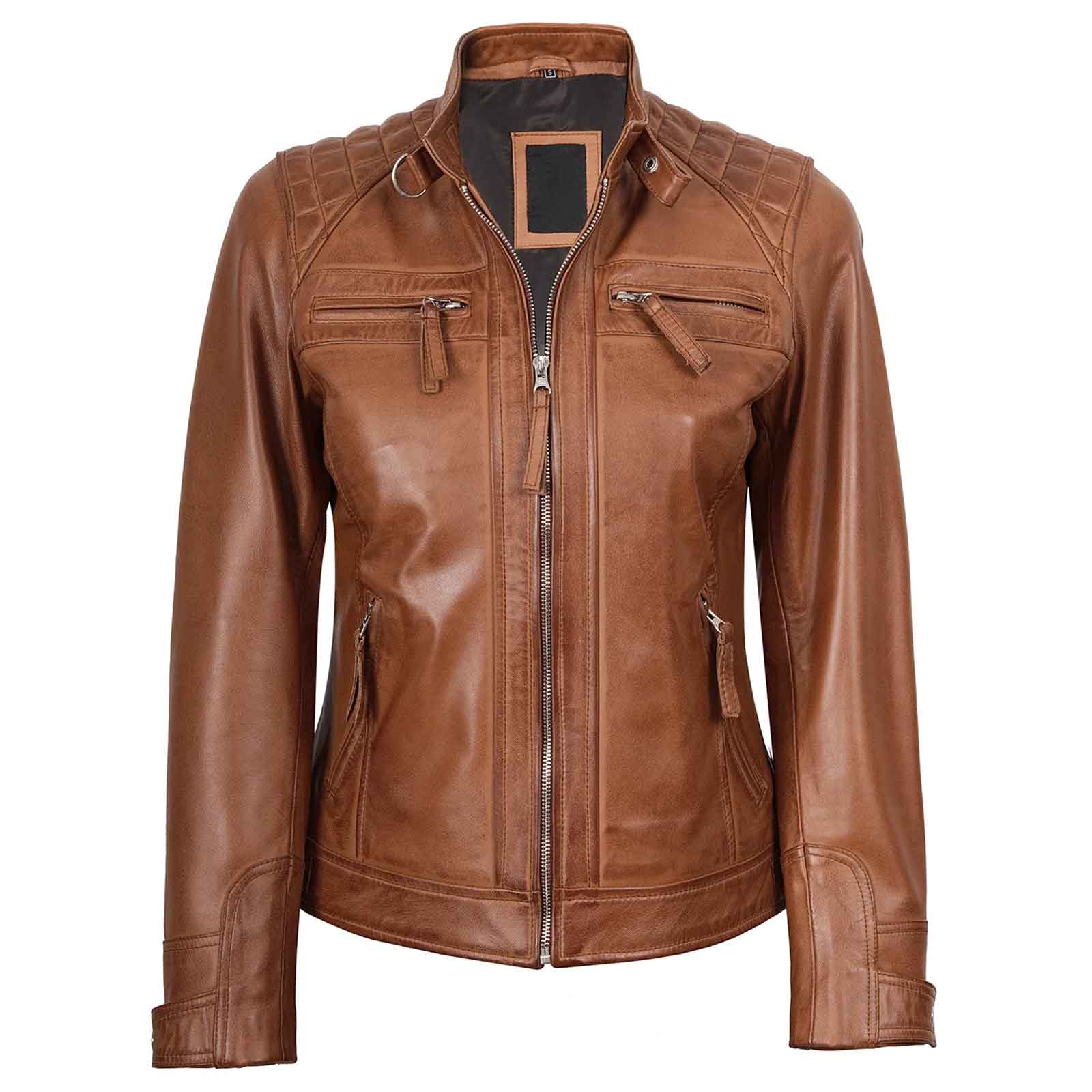 Regals Leather Women's Cafe Racer Style Tan Brown Leather Jacket