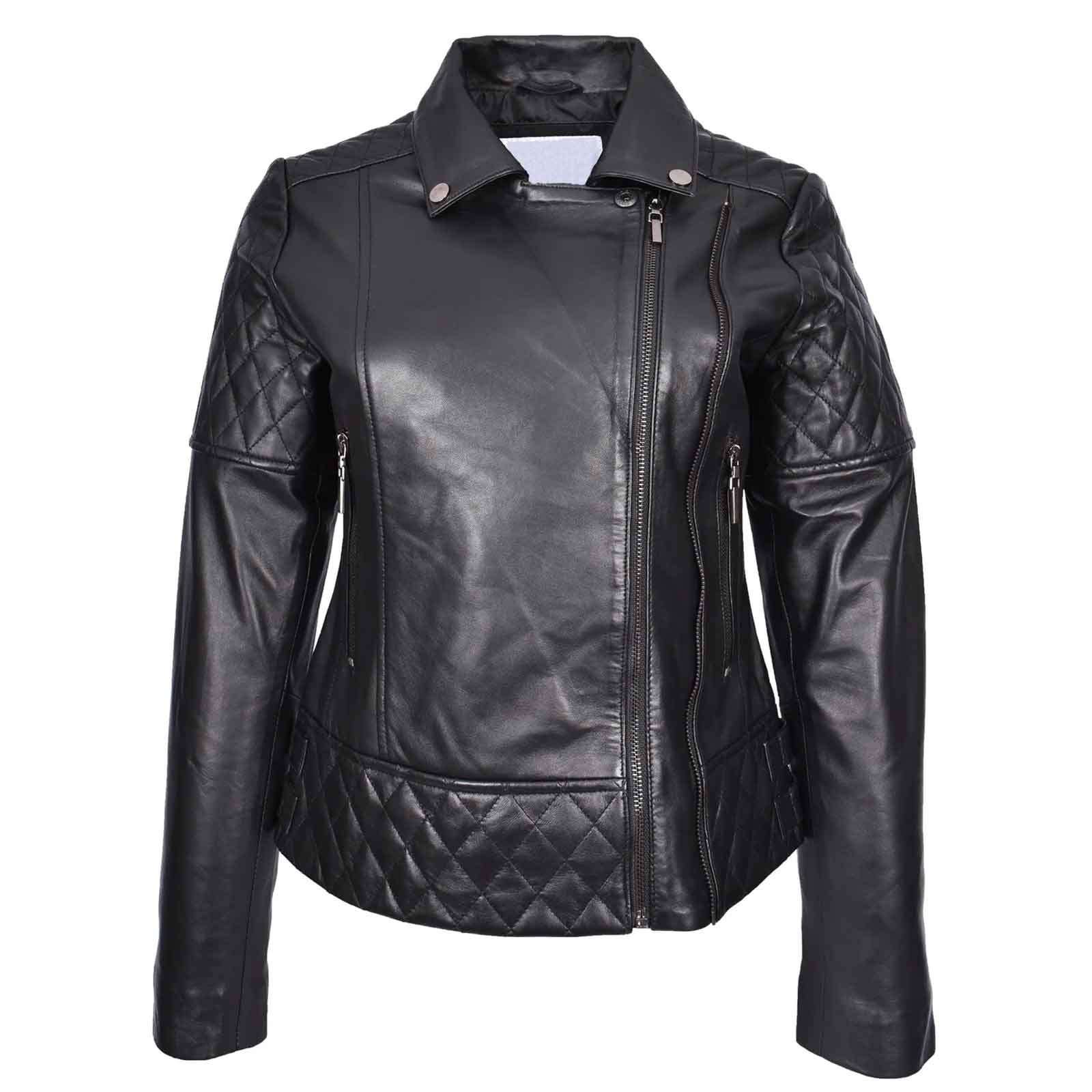 Women’s Real Leather Biker Jacket Black – Nixi Multi Cross Zip Quilted