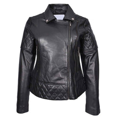 Women’s Real Leather Biker Jacket Black – Nixi Multi Cross Zip Quilted