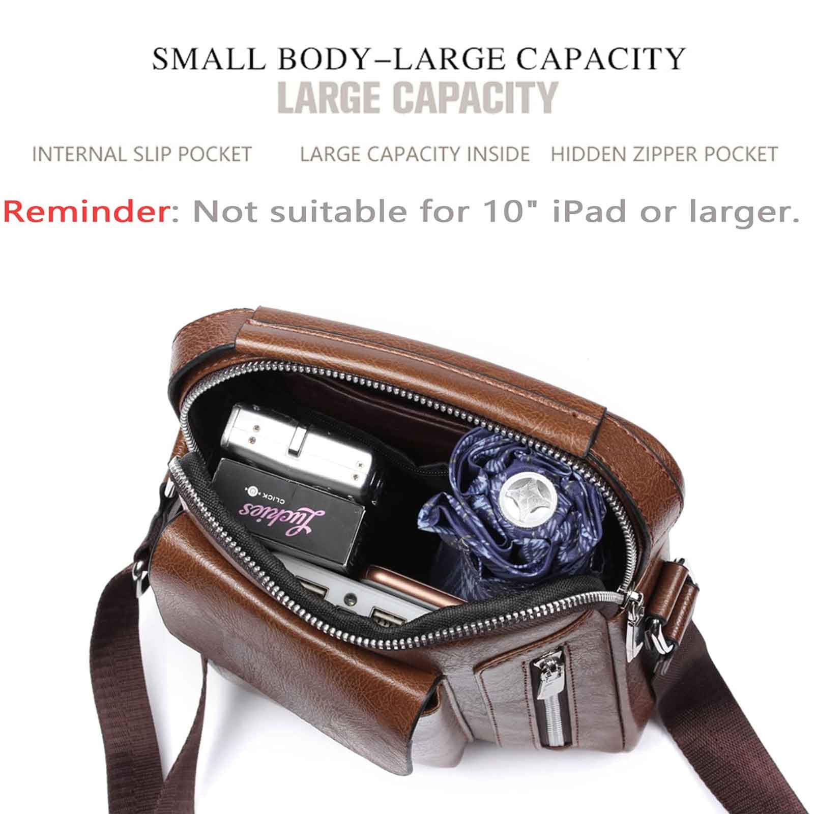 Men’s Small Leather Shoulder Bag Crossbody Messenger Handbag – Travel, Work & Business iPad 7.9'' Bag Dark Brown