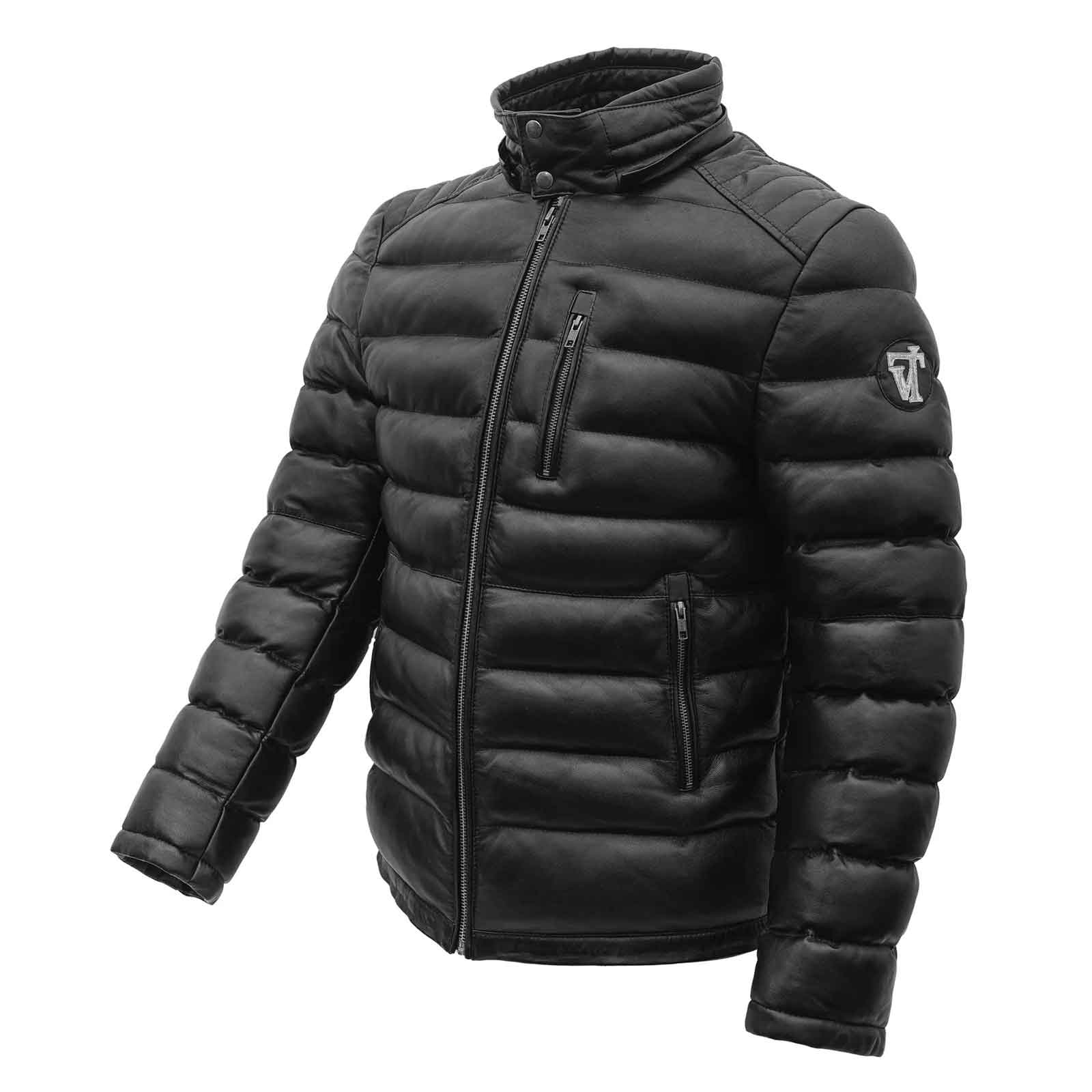 Regals Leather Men’s Waxed Leather Puffer Jacket with Shearling Collar – Winter Coat