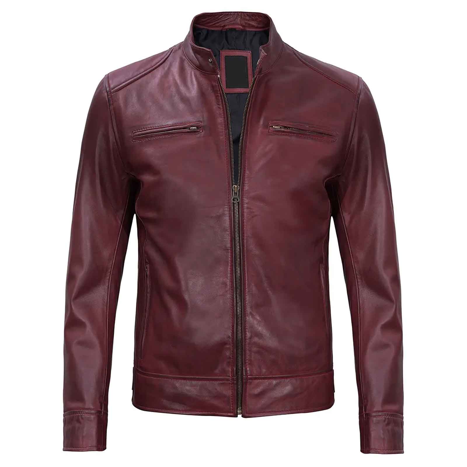 Dodge Men's Cafe Racer Biker Style Burgundy Lambskin Leather Jacket