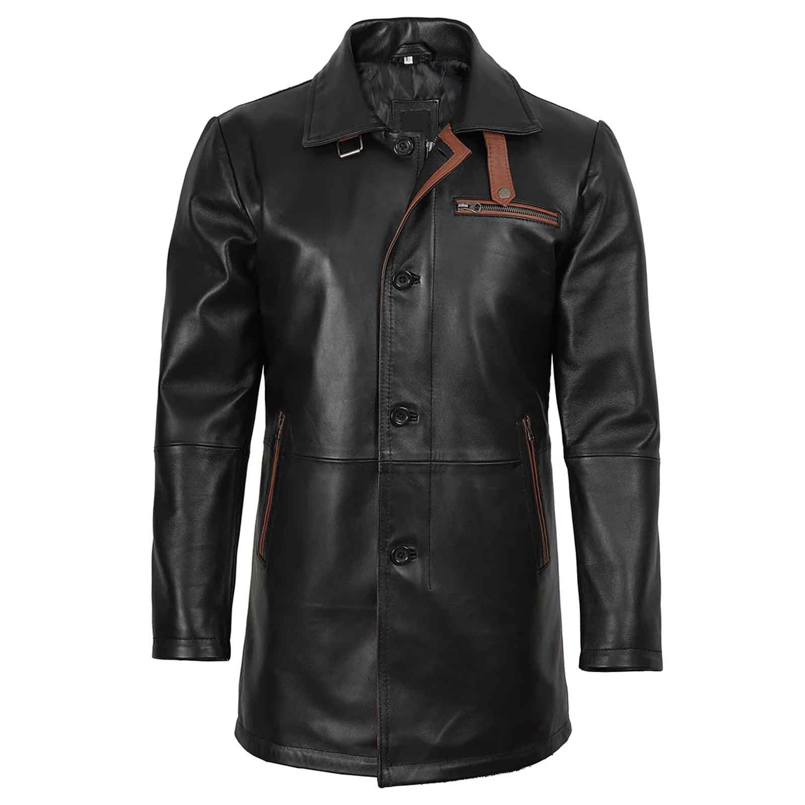 Regals Leather Vintage Glen Men's Black Genuine Leather Car Coat