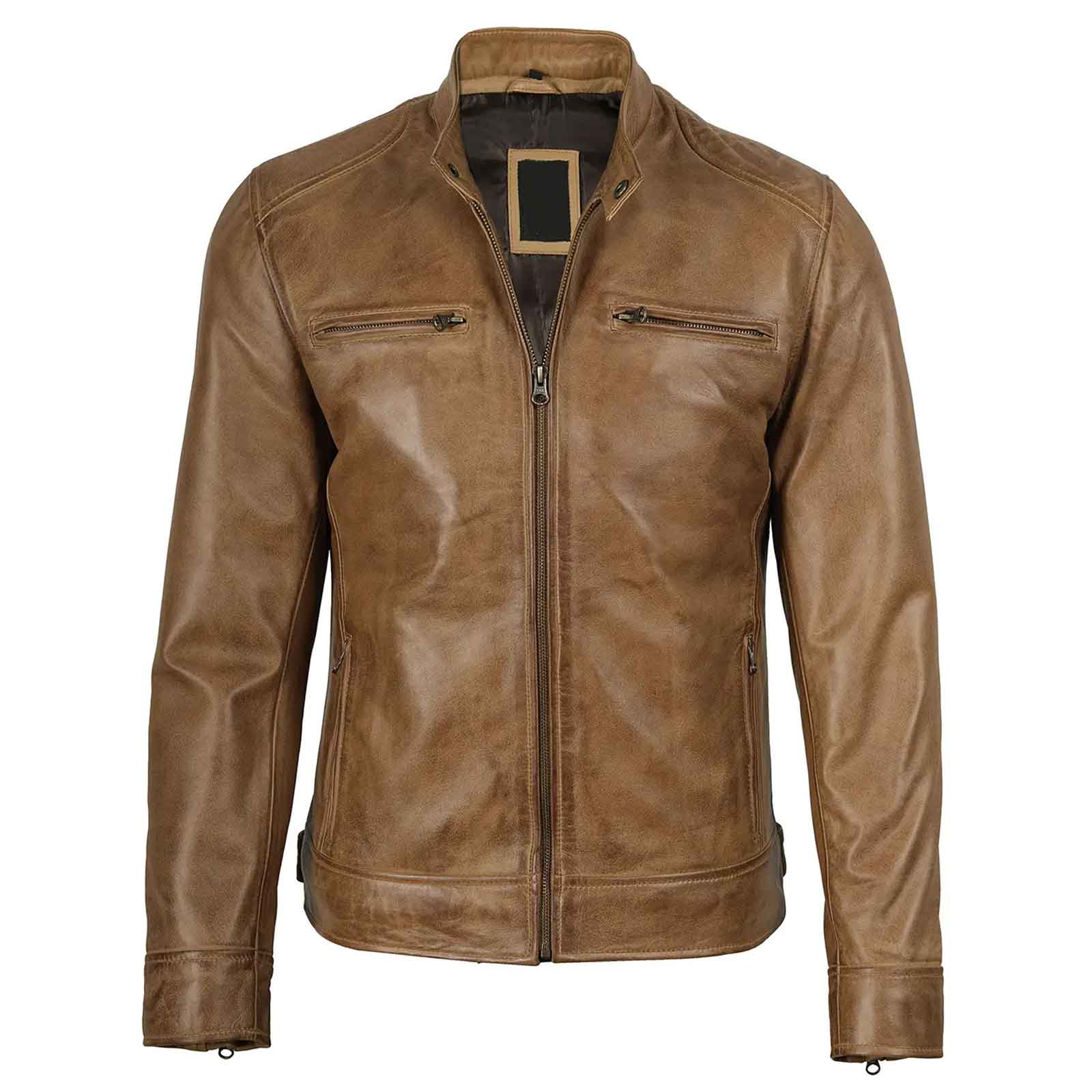 Dodge Men's Camel Brown Genuine Leather Cafe Racer Biker Style Jacket