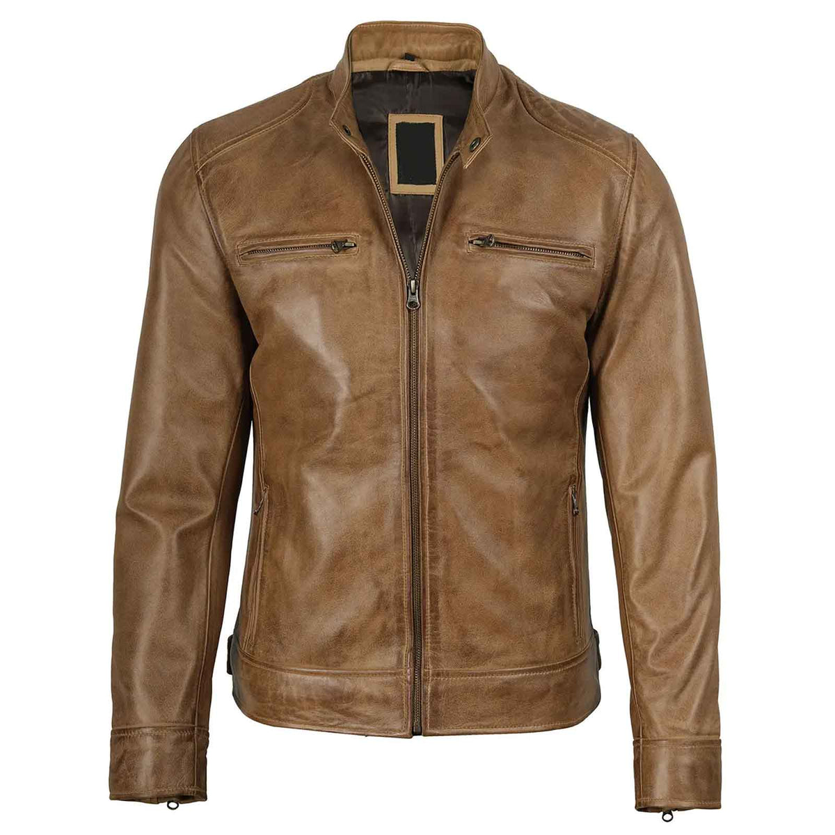 Dodge Men's Camel Brown Genuine Leather Cafe Racer Biker Style Jacket