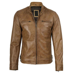 Dodge Men's Camel Brown Genuine Leather Cafe Racer Biker Style Jacket