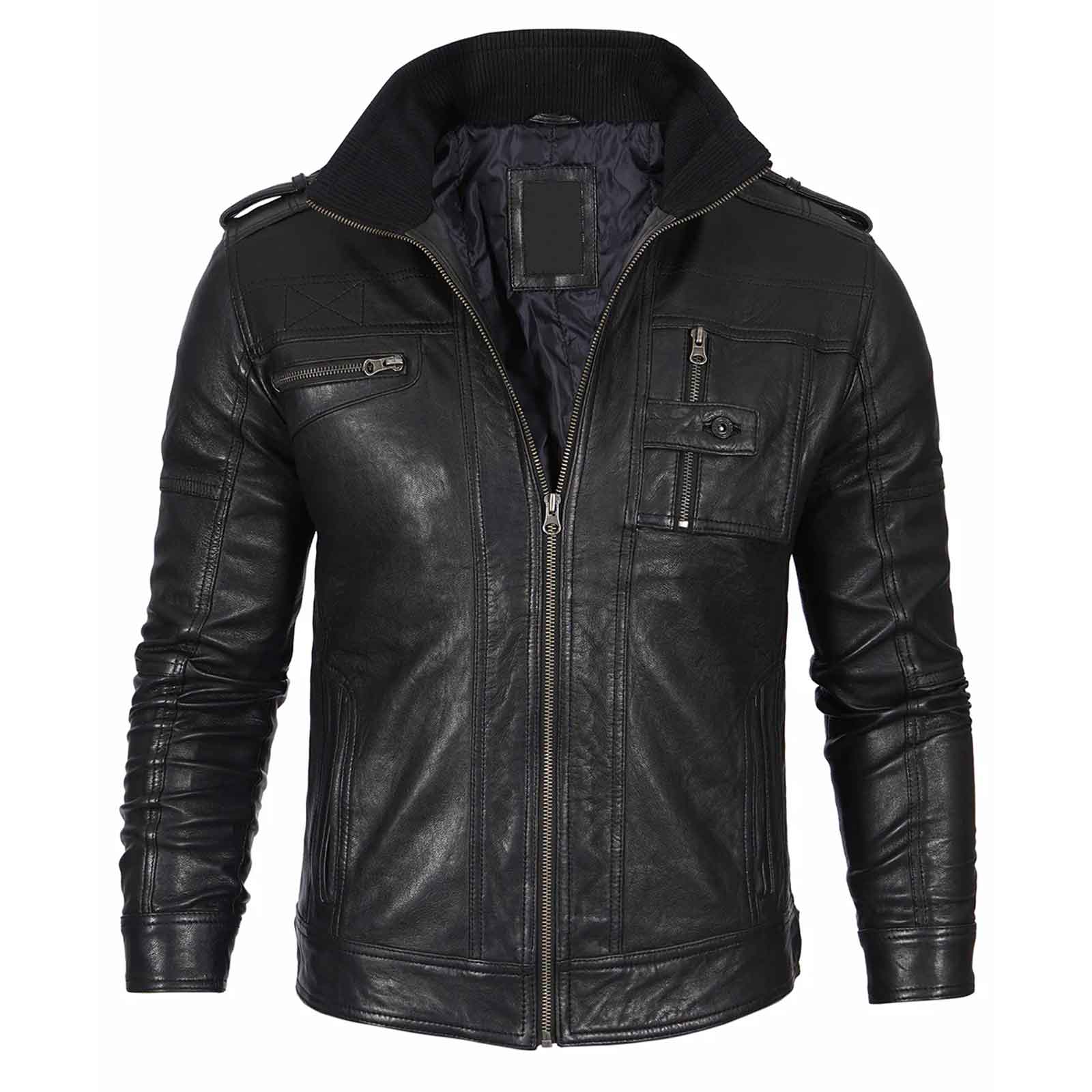 Men's Black Waxed Cafe Racer Style Lambskin Leather Jacket Regals Leather