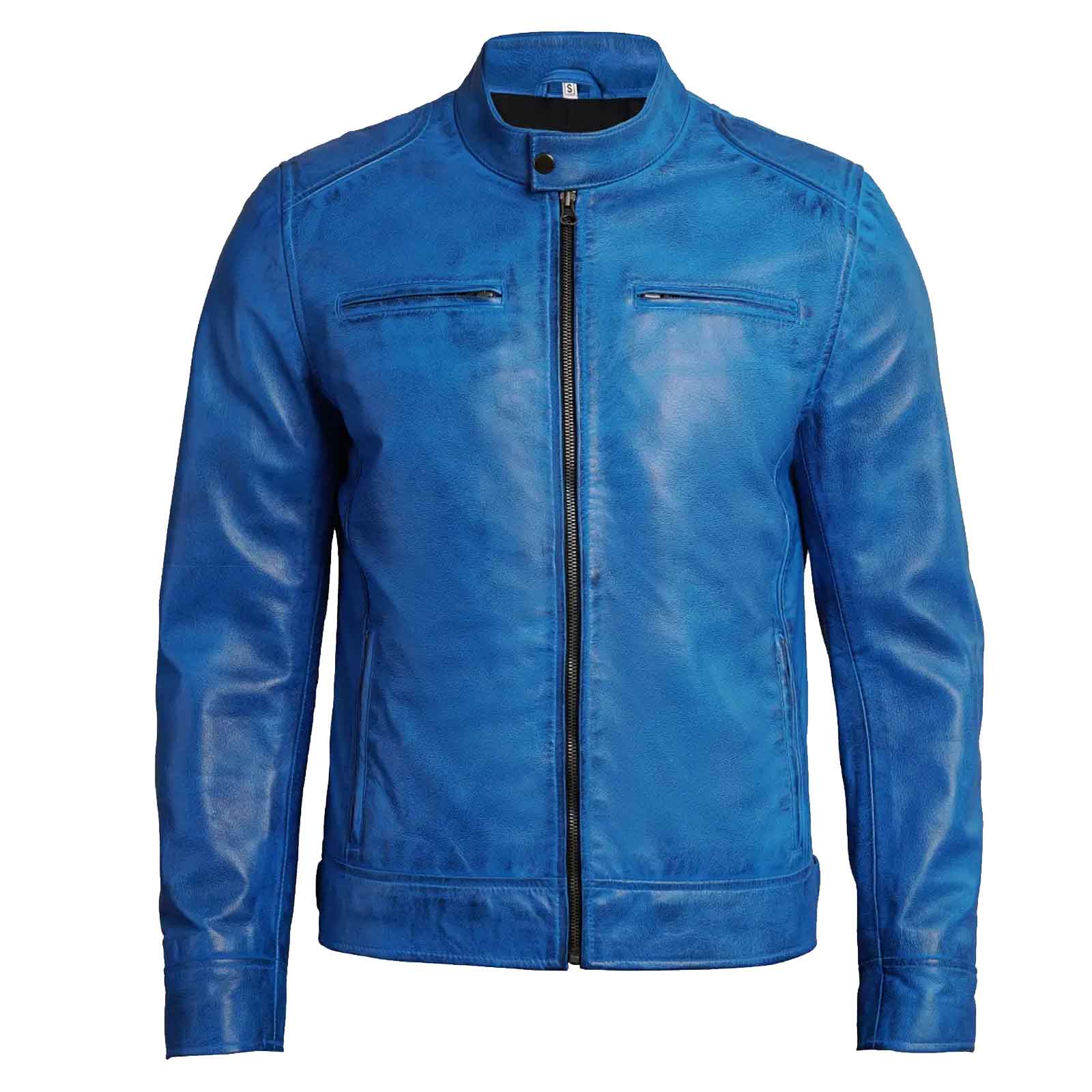 Dodge Men's Blue Lambskin Genuine Leather Cafe Racer Biker Style Jacket