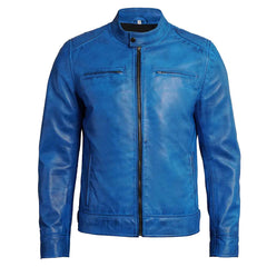 Dodge Men's Blue Lambskin Genuine Leather Cafe Racer Biker Style Jacket
