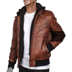Men's Leather Jacket Genuine Motorcycle Fashion Jacket With Removable Hood Brown Leather Jacket For Man