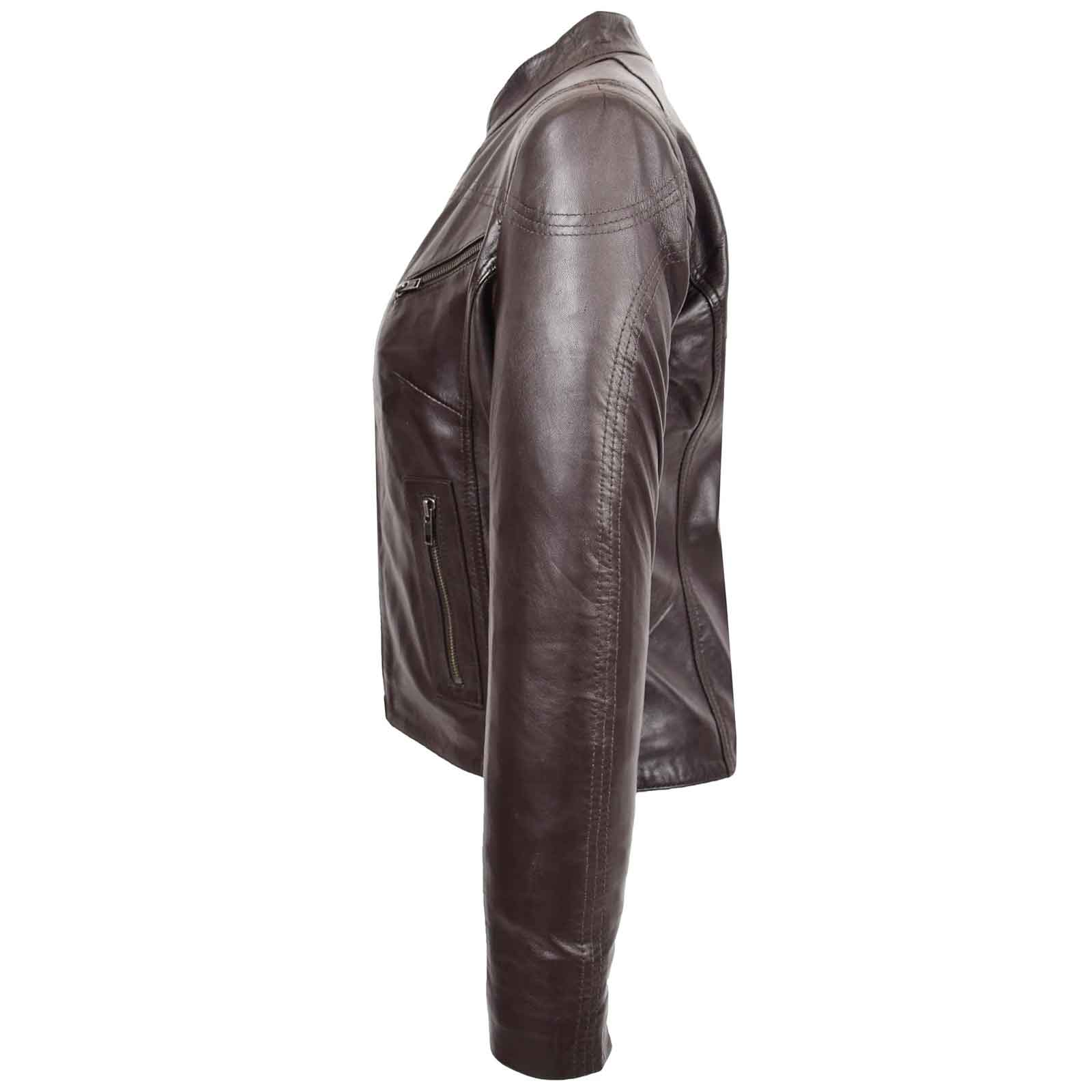 Women’s Real Leather Standing Collar Jacket – Becky Brown Classic Fit