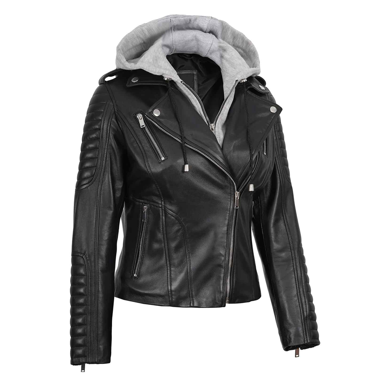Regals Leather Women's Black Leather Biker Style Jacket With Removable Hood