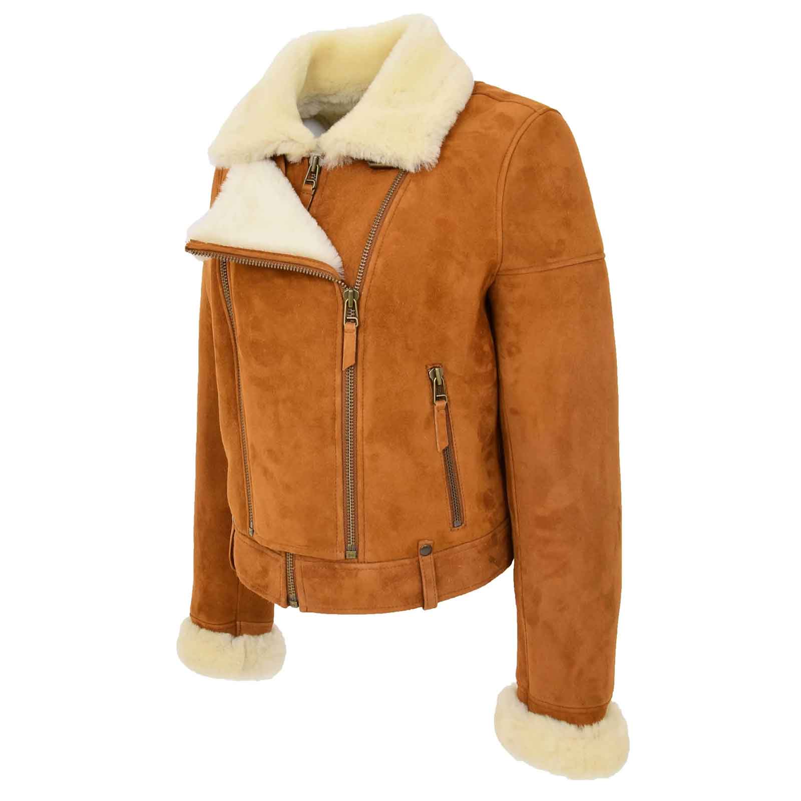 Regals Leather Women’s Sheepskin Aviator Pilot Jacket in Tan White