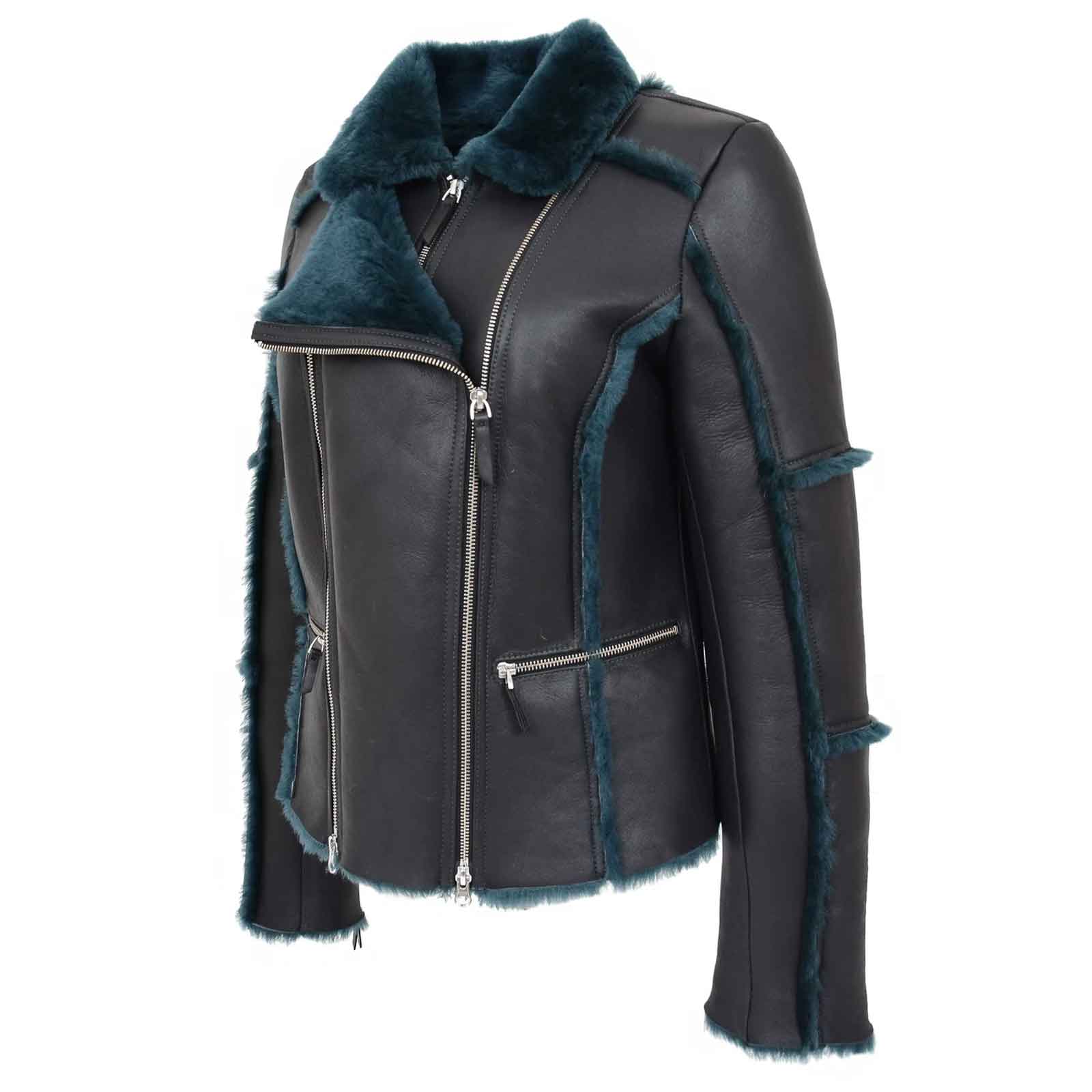 Women’s Sheepskin Aviator Pilot Jacket – Valerie Black Green Shearling Coat