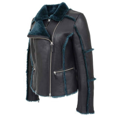 Women’s Sheepskin Aviator Pilot Jacket – Valerie Black Green Shearling Coat