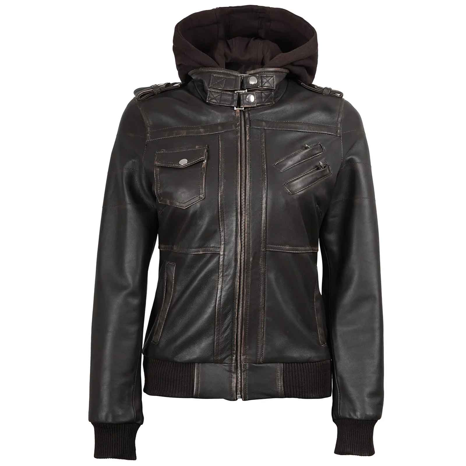 Dark Brown Rub Off Leather Jacket for Women with Removable Hood – Premium Casual Wear