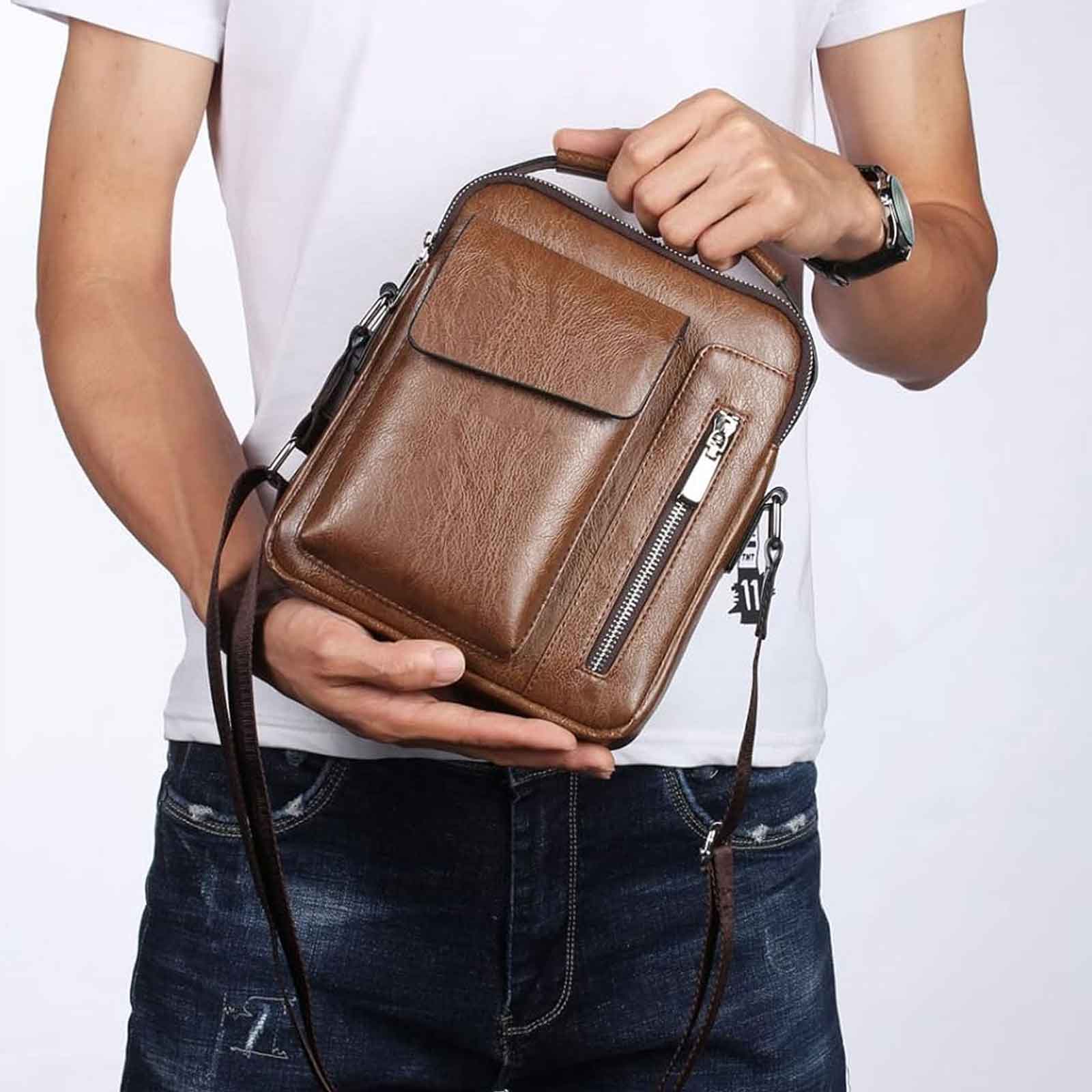 Men’s Small Leather Shoulder Bag Crossbody Messenger Handbag – Travel, Work & Business iPad 7.9'' Bag Dark Brown