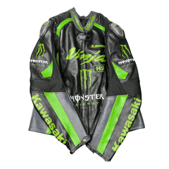 Chaqueta de cuero para hombre de motociclismo, negra, certificada CE, estilo Kawasaki