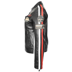 Women’s Black Leather Cafe Racer Biker Jacket – Motorcycle Style with Rosa Badges