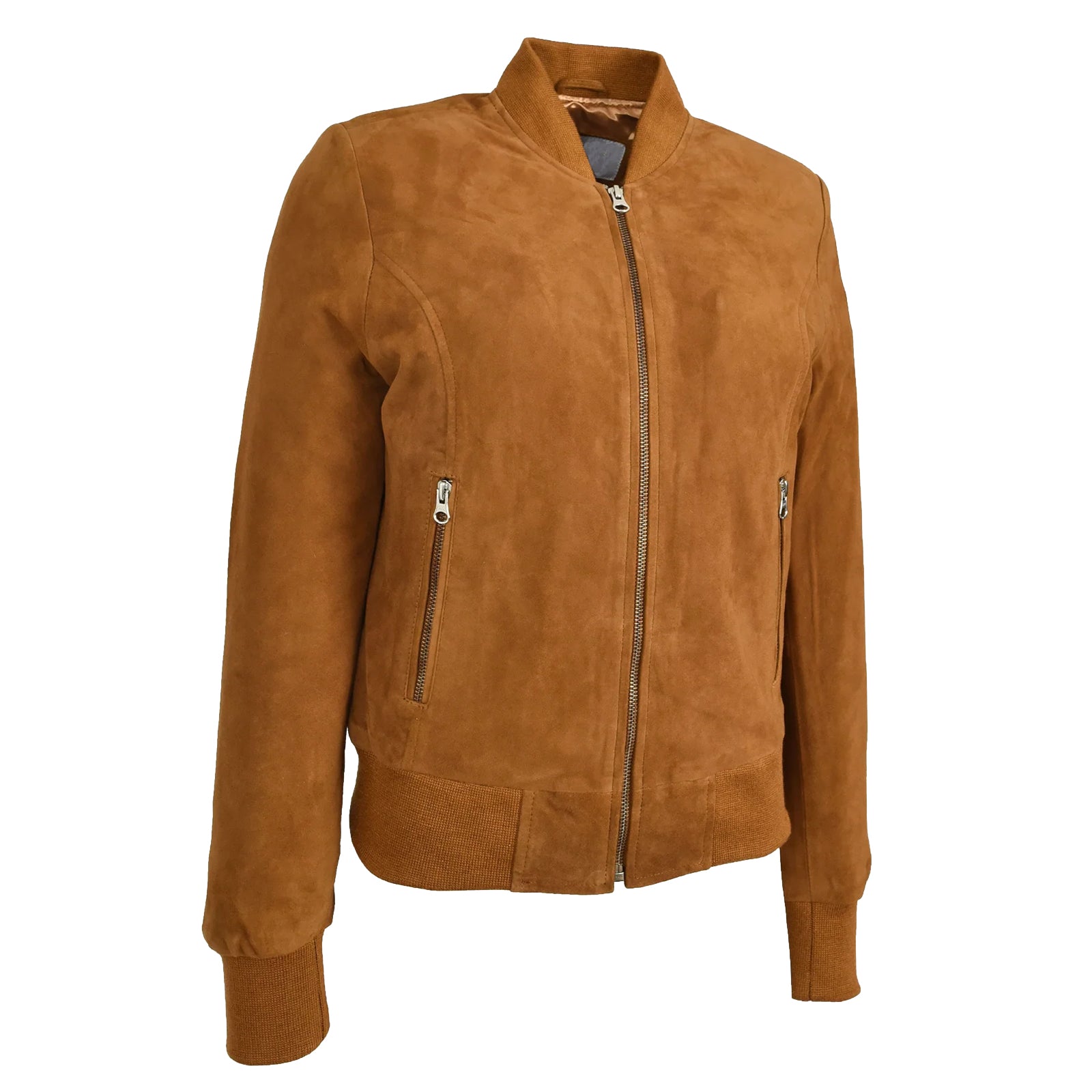 Regals Leather Women's Real Goat Suede Leather Bomber MA-1 Jacket Faye Cognac